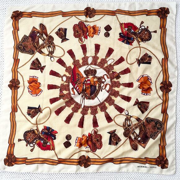 Hermes Vintage Silk Square Ribbon Rope Tassel Royal Crest Houndstooth Scarf - Picture 1 of 14